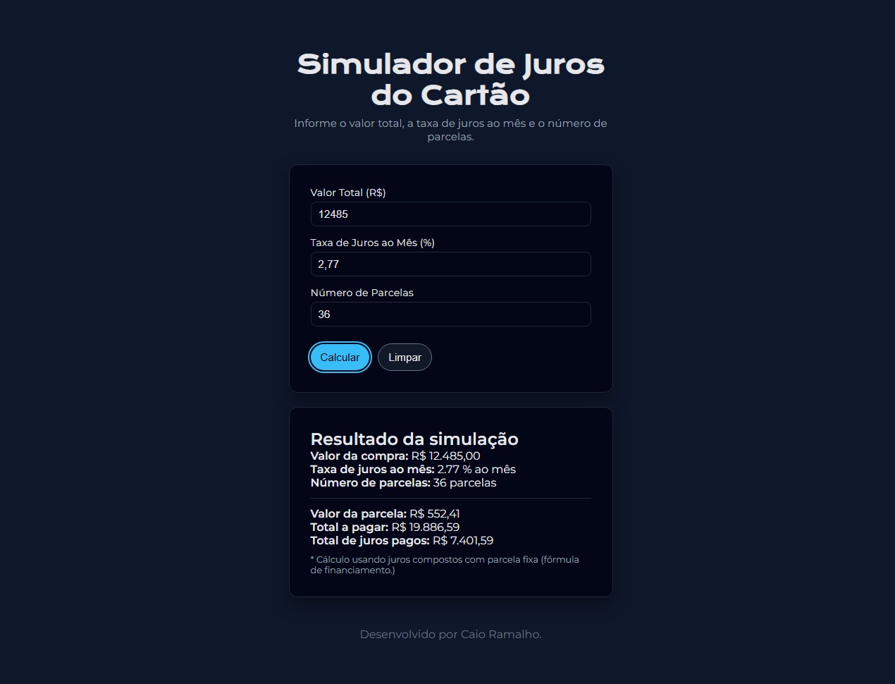 Aplicação web para simular parcelas com juros compostos